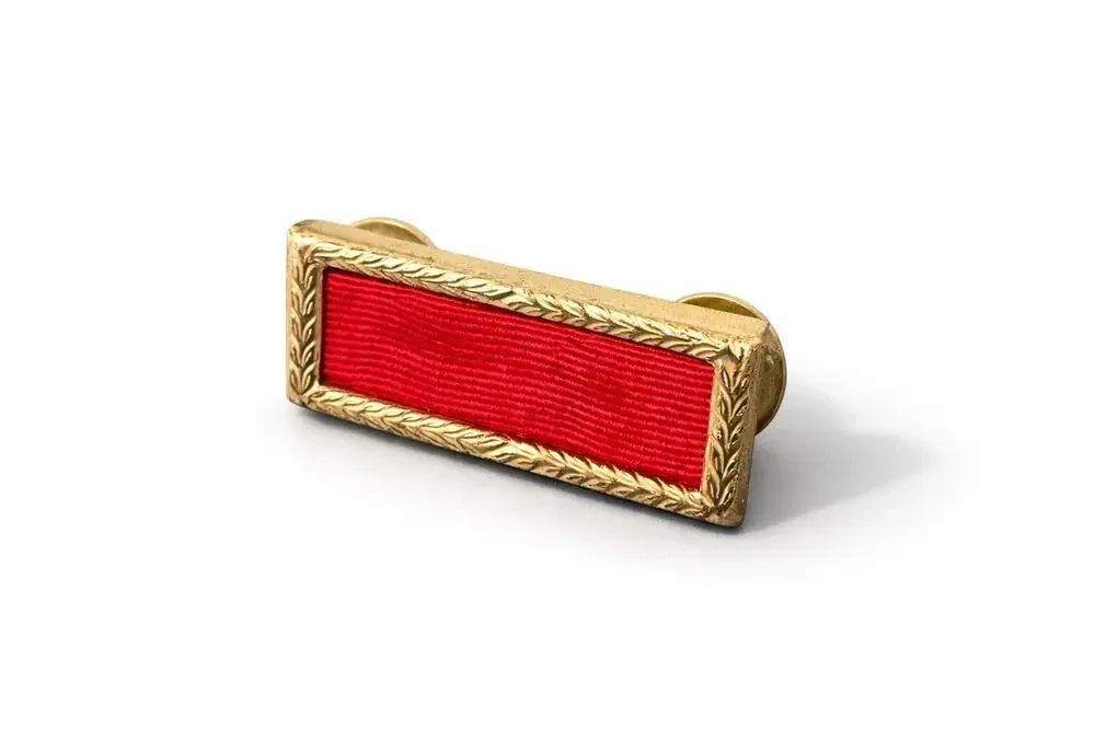 Vintage Army Red Ribbon Bar Pin Dual Clutch Back Brass Frame Uniform Insignia